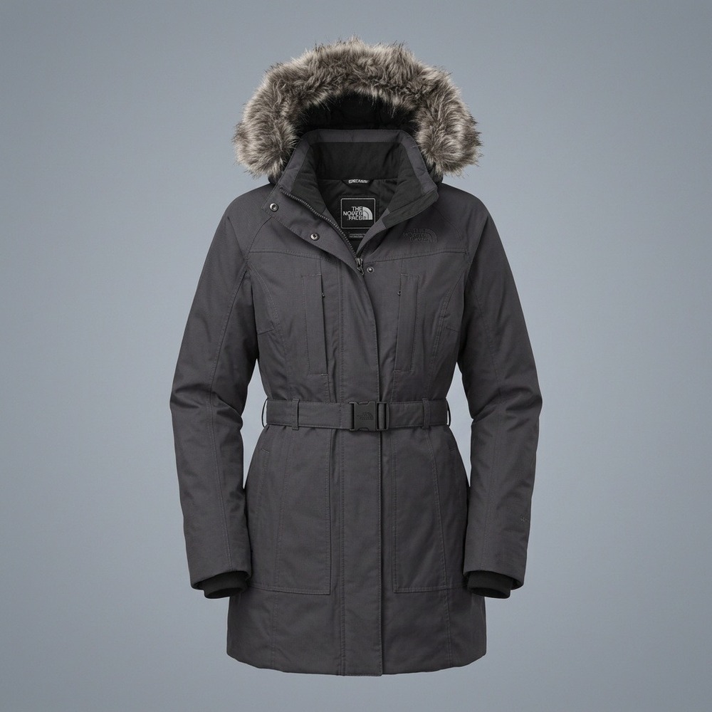 The North Face HyVent Down Parka Women S Brown Faux Fur Hood Belted Coat